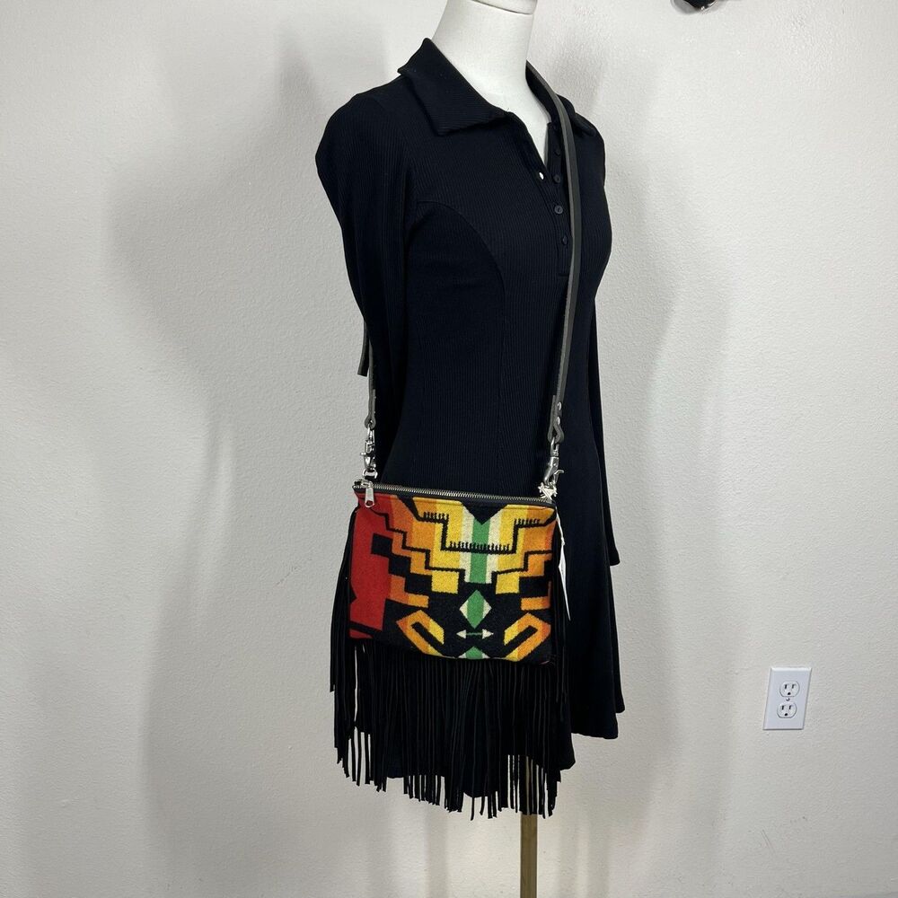 Woodside Goods Crossbody Bag Womens Small Wool Leather Fringe Boho Southwestern